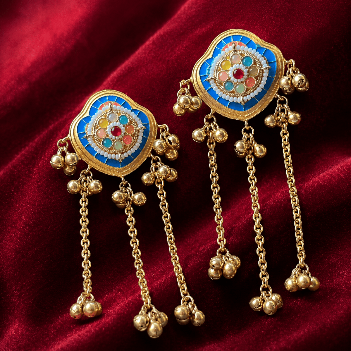 Meenakari brass long chain earrings with round blue enamel centers and multicolor enamel detailing