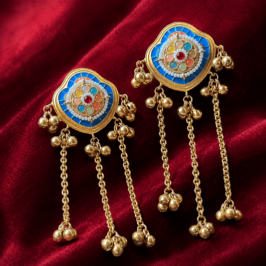 Meenakari brass long chain earrings with round blue enamel centers and multicolor enamel detailing