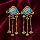 Meenakari brass long chain earrings, blue enamel centers with multicolor inlays and dangling bells