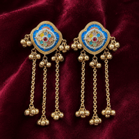 Meenakari brass long chain earrings, blue enamel centers with multicolor inlays and dangling bells