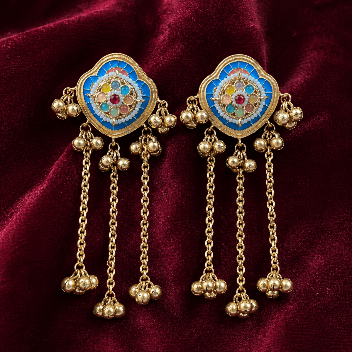 Meenakari brass long chain earrings, blue enamel centers with multicolor inlays and dangling bells