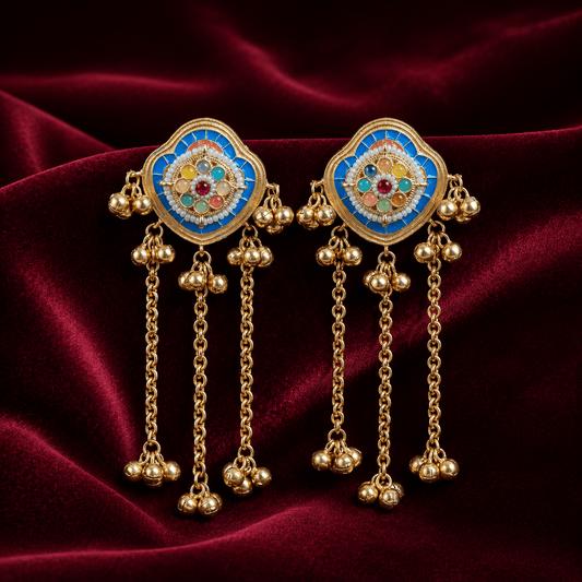 Meenakari brass long chain earrings with blue enamel medallions and multicolor beaded drops