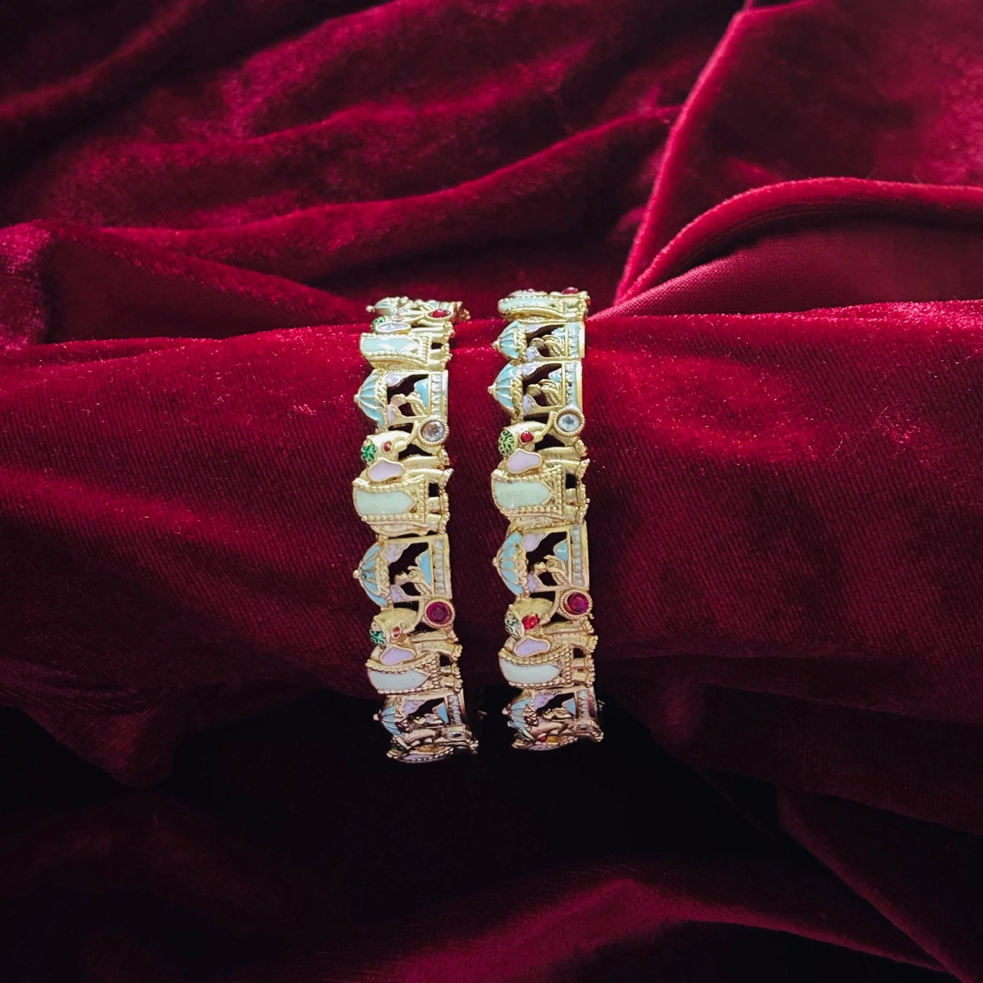 Pastel Meenakari Elephant Kada Bangle Pair - Jajra