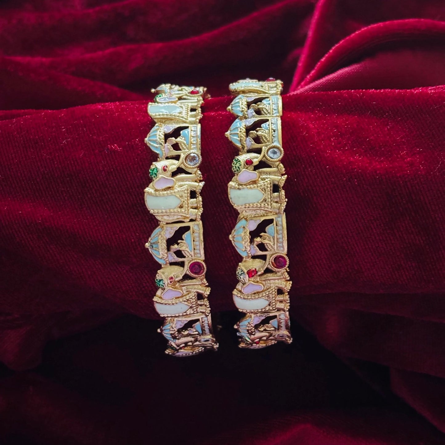 Pastel Meenakari Elephant Kada Bangle Pair - Jajra