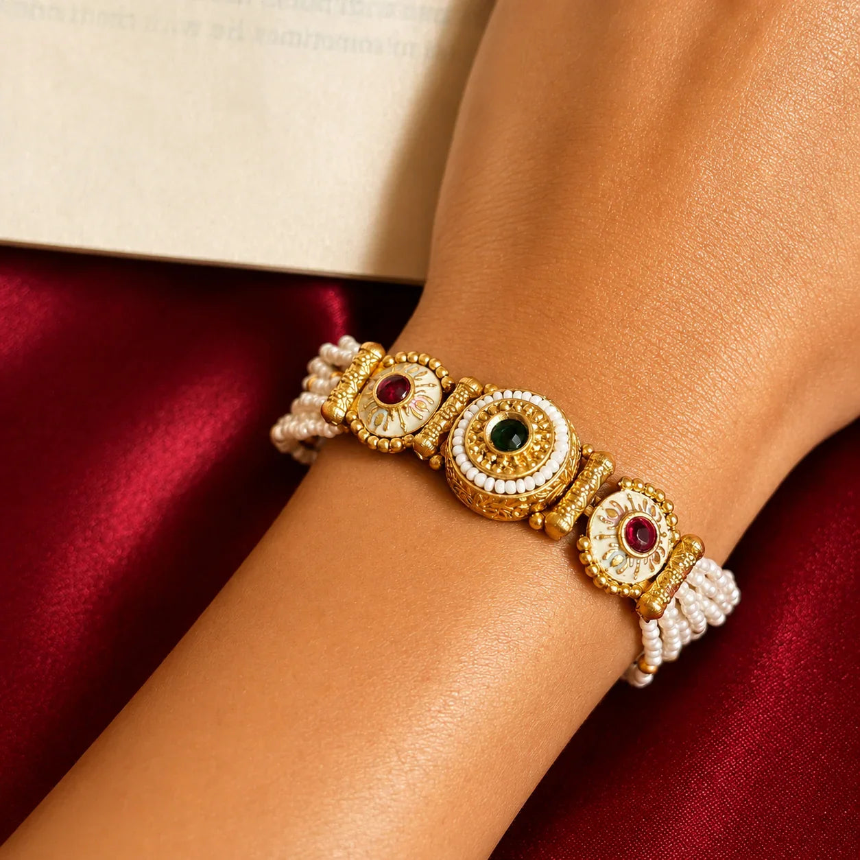 Pearl Beaded Red Green Stone Bracelet - Jajra