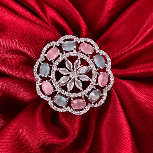 Pink Blue American Diamond Floral Cocktail Ring - Jajra™