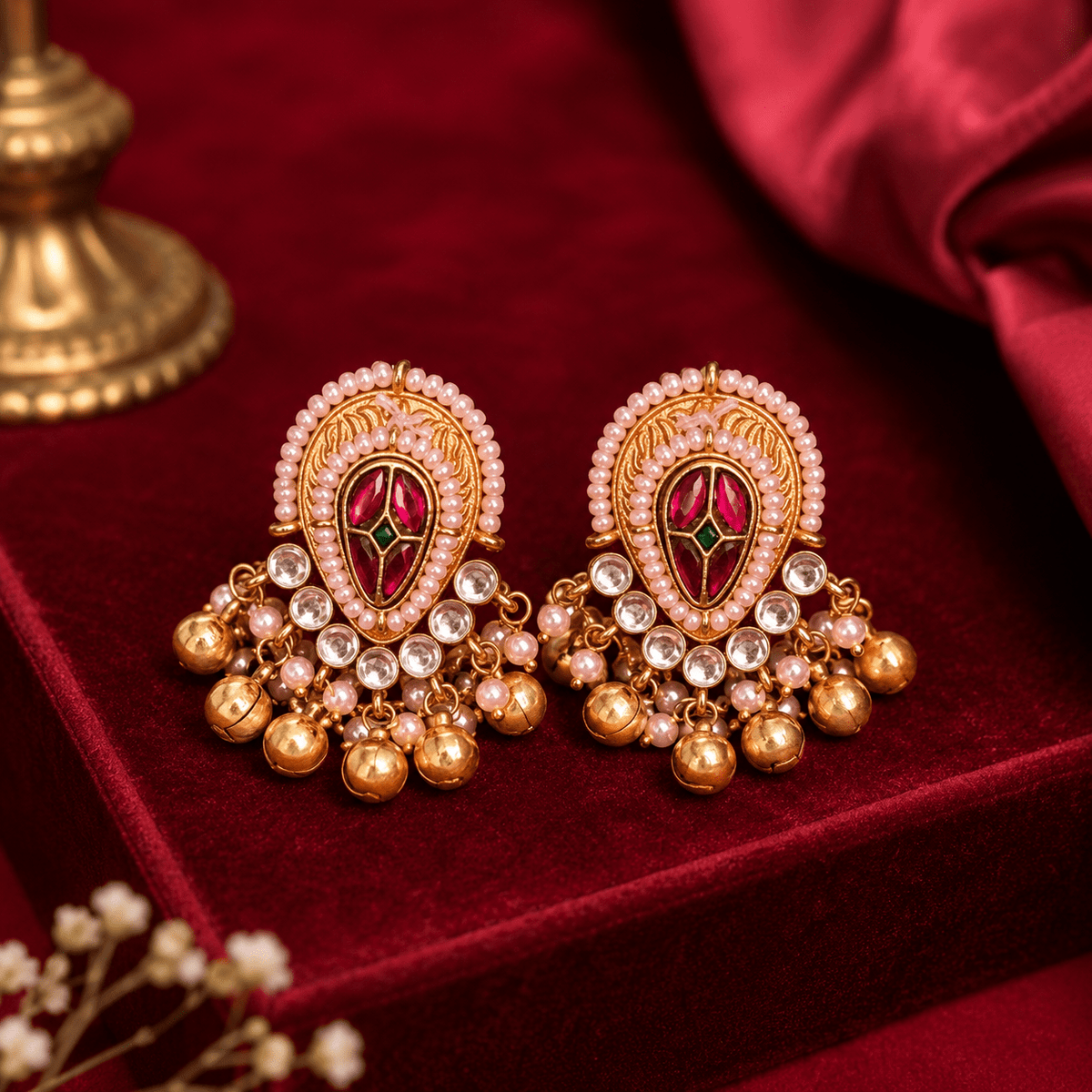 Pink Kundan Brass Ghungroo Stud Earrings - Jajra™