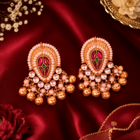 Pink kundan ghungroo stud earrings, teardrop enamel center, pearls and gold dangling beads