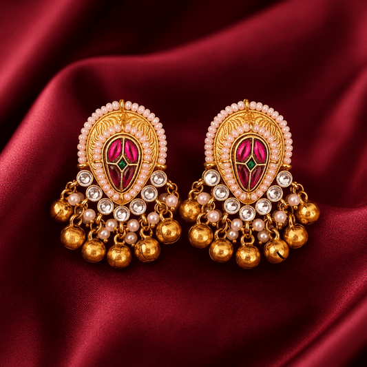Pink Kundan Brass Ghungroo Stud Earrings - Jajra™