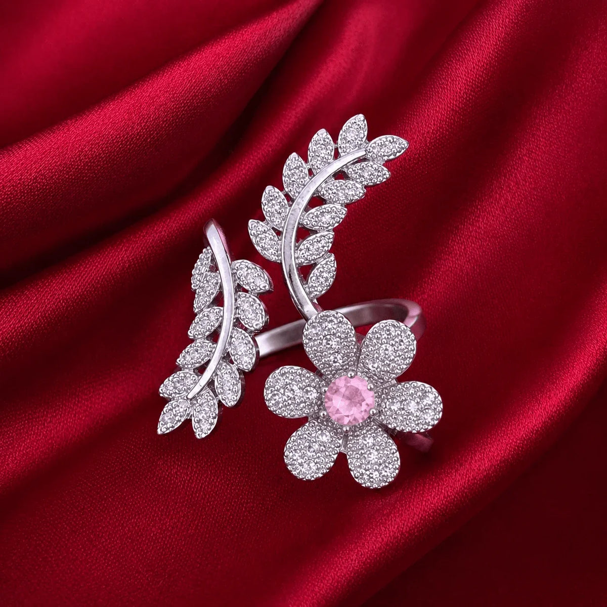 Pink Stone Floral Leaf American Diamond Adjustable Ring - Jajra™