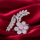 Pink Stone Floral Leaf American Diamond Adjustable Ring - Jajra™