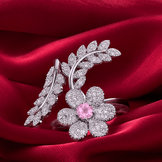 Pink Stone Floral Leaf American Diamond Adjustable Ring - Jajra™