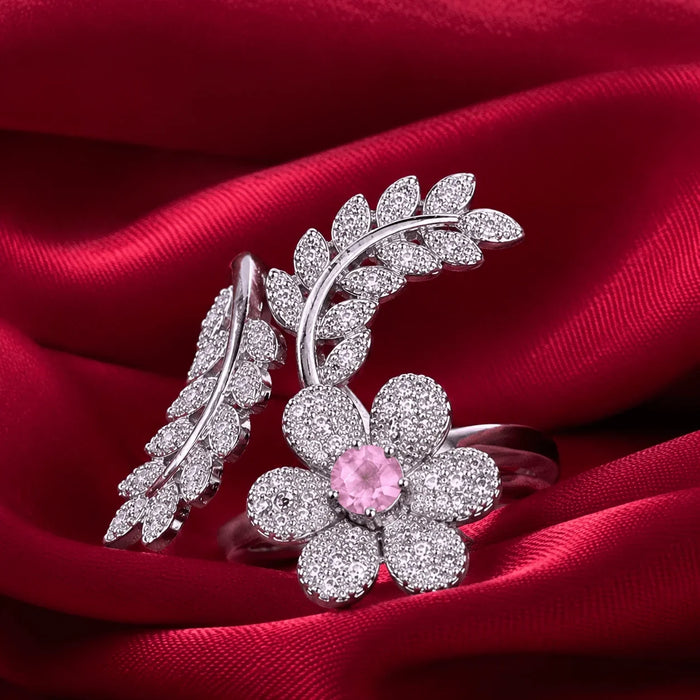 Pink Stone Floral Leaf American Diamond Adjustable Ring