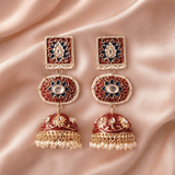 Red and blue enamel gold-tone jhumki earrings with square studs and dome pearl drops