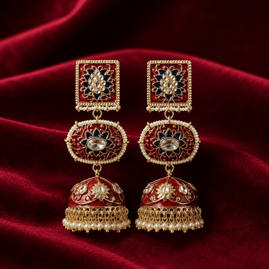 Red gold-tone kundan jhumki earrings, square enamel studs, dome drops, pearl fringe