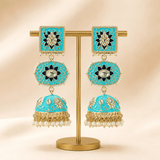 Turquoise dome-shaped jhumki earrings on gold studs, with kundan floral tops and pearl fringe.