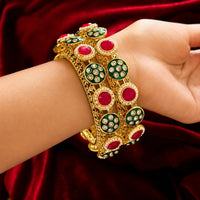 Red Green Kundan Pearl Bangle Pair - Jajra