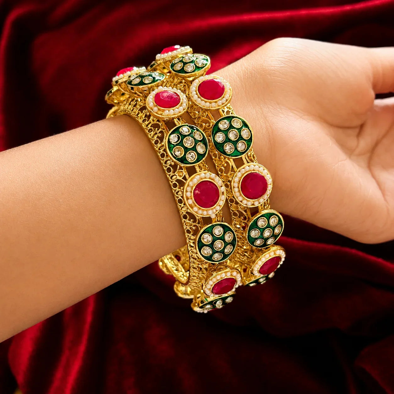 Red Green Kundan Pearl Bangle Pair - Jajra