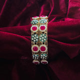 Red Green Kundan Pearl Bangle Pair - Jajra