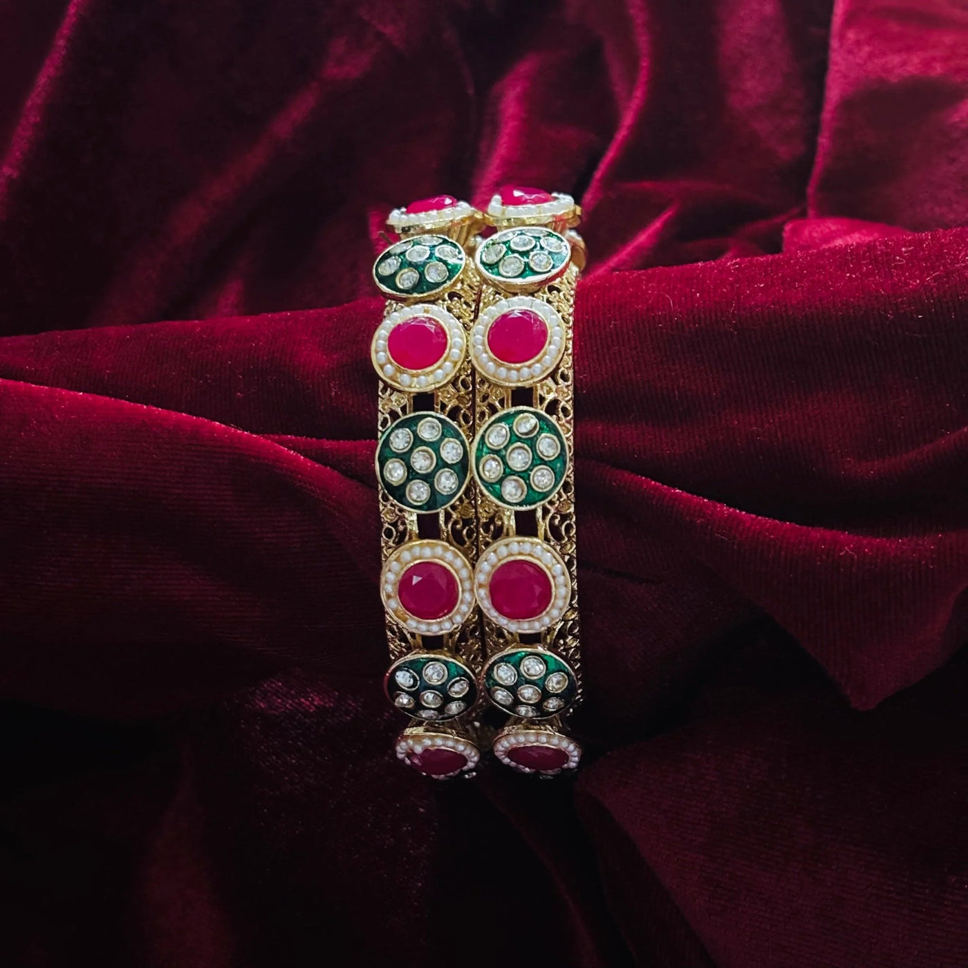 Red Green Kundan Pearl Bangle Pair - Jajra