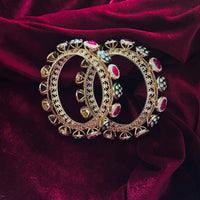 Red Green Kundan Pearl Bangle Pair - Jajra
