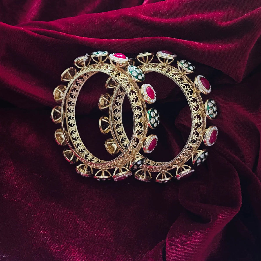 Red Green Kundan Pearl Bangle Pair