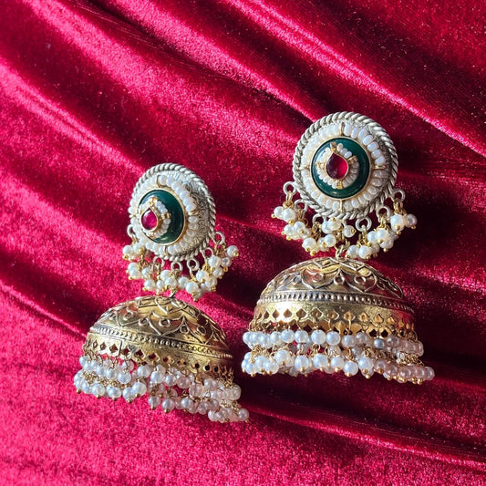 Ruhani Brass Green Jhumka Earrings with Pearl Drops - Jajra™