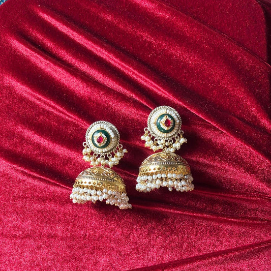 Ruhani Brass Green Jhumka Earrings with Pearl Drops - Jajra™