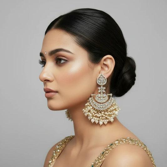 SAMAIRA Pure Brass White Lotus Kundan Chandbali Earrings - Jajra™