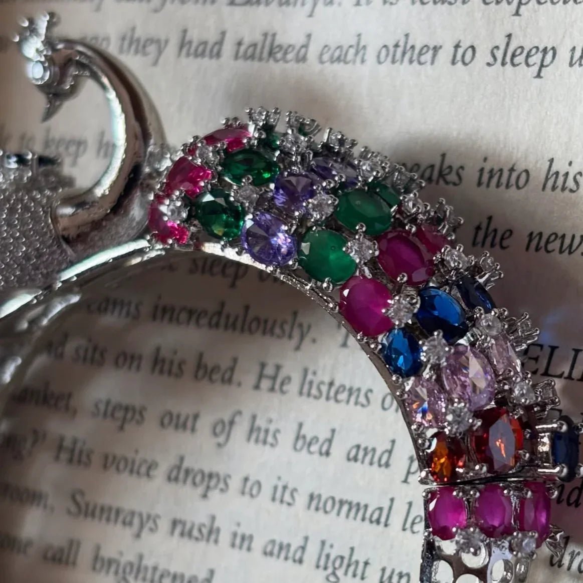 Silver Peacock Multicolor Stone Cuff Bracelet - Jajra