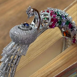 Silver Peacock Multicolor Stone Cuff Bracelet - Jajra