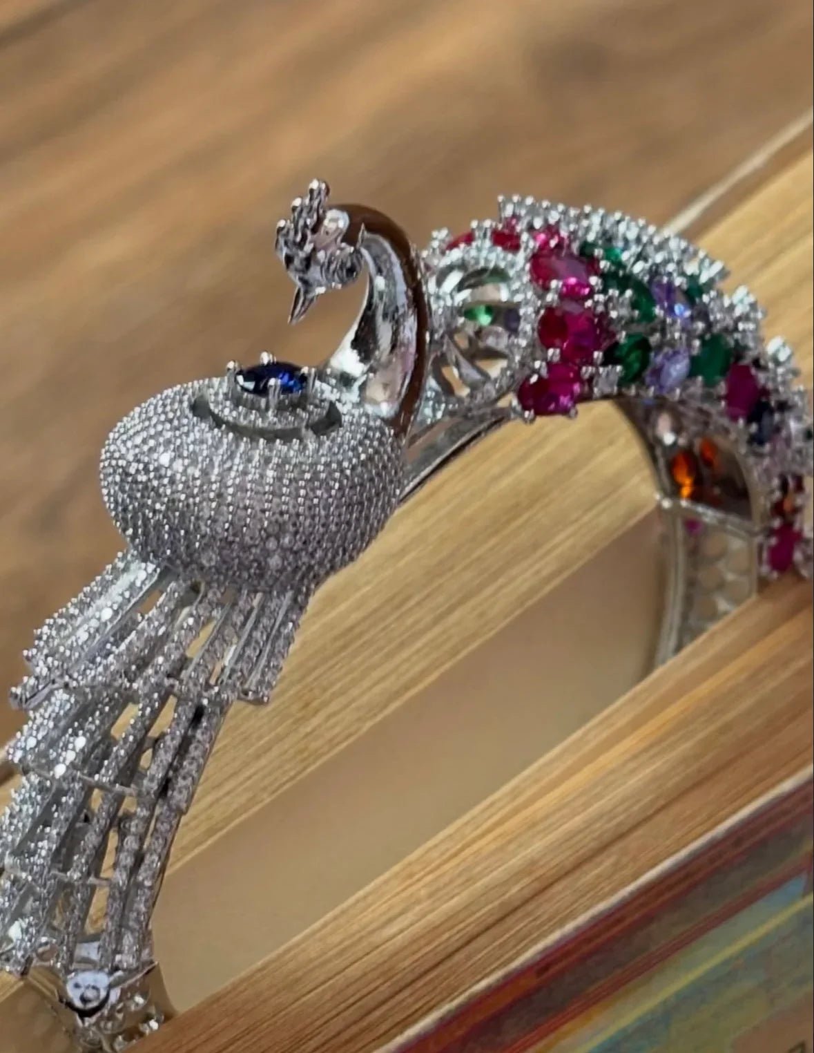 Silver Peacock Multicolor Stone Cuff Bracelet - Jajra