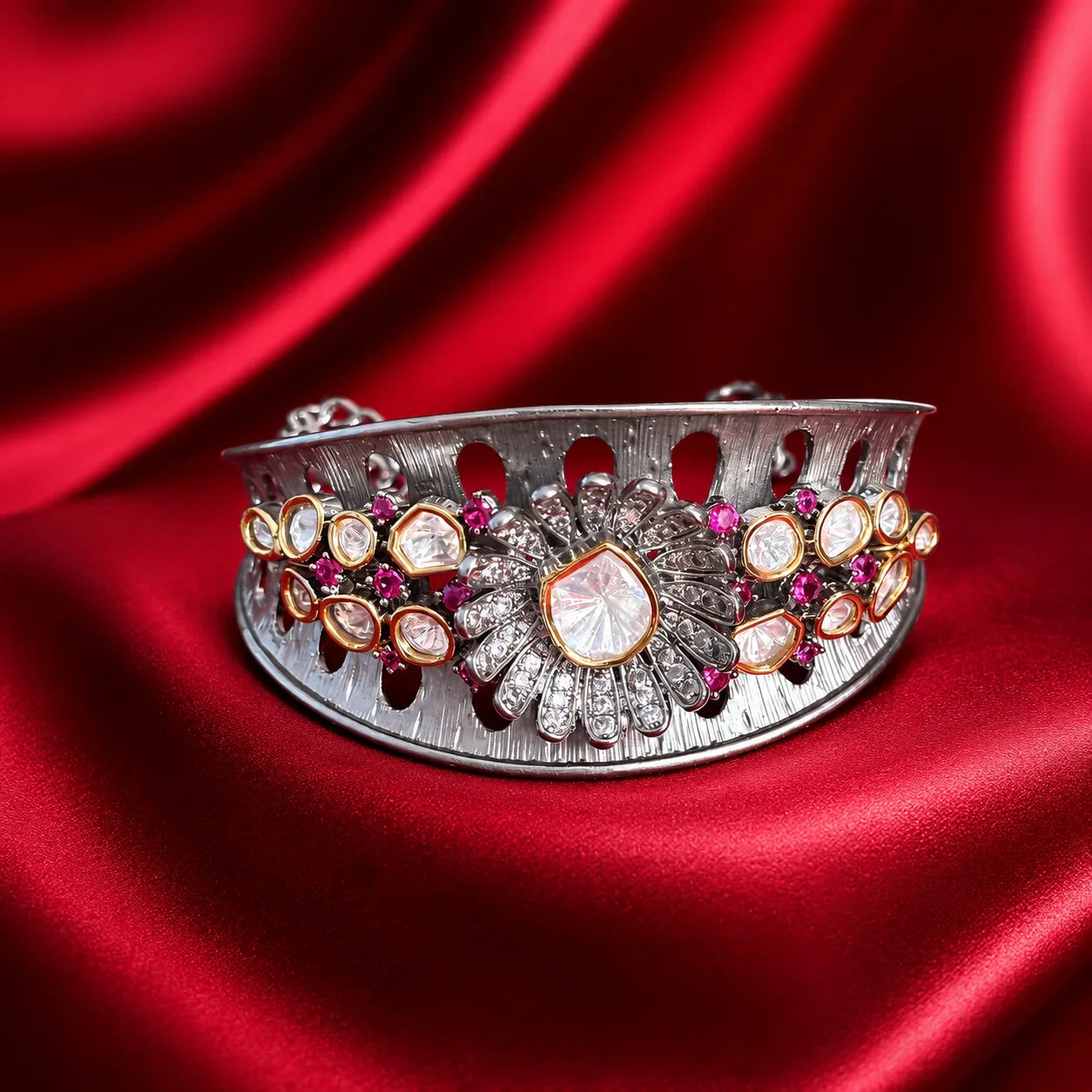 Silver Pink Kundan Cuff Bracelet - Jajra