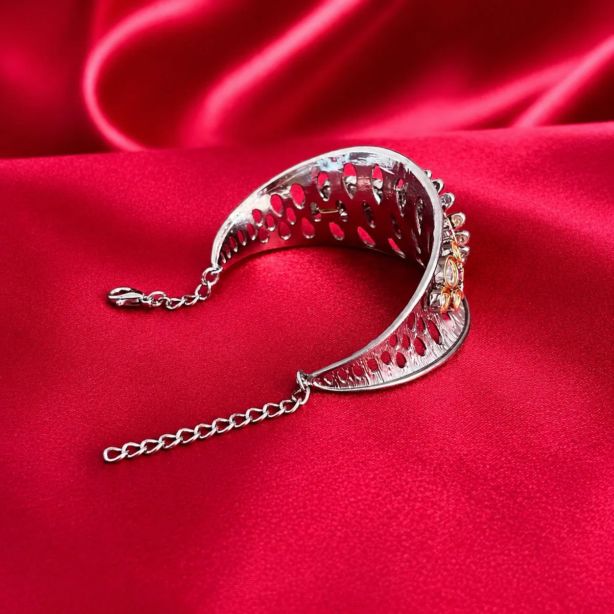 Silver Pink Kundan Cuff Bracelet - Jajra