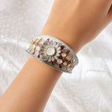 Silver Pink Kundan Cuff Bracelet - Jajra