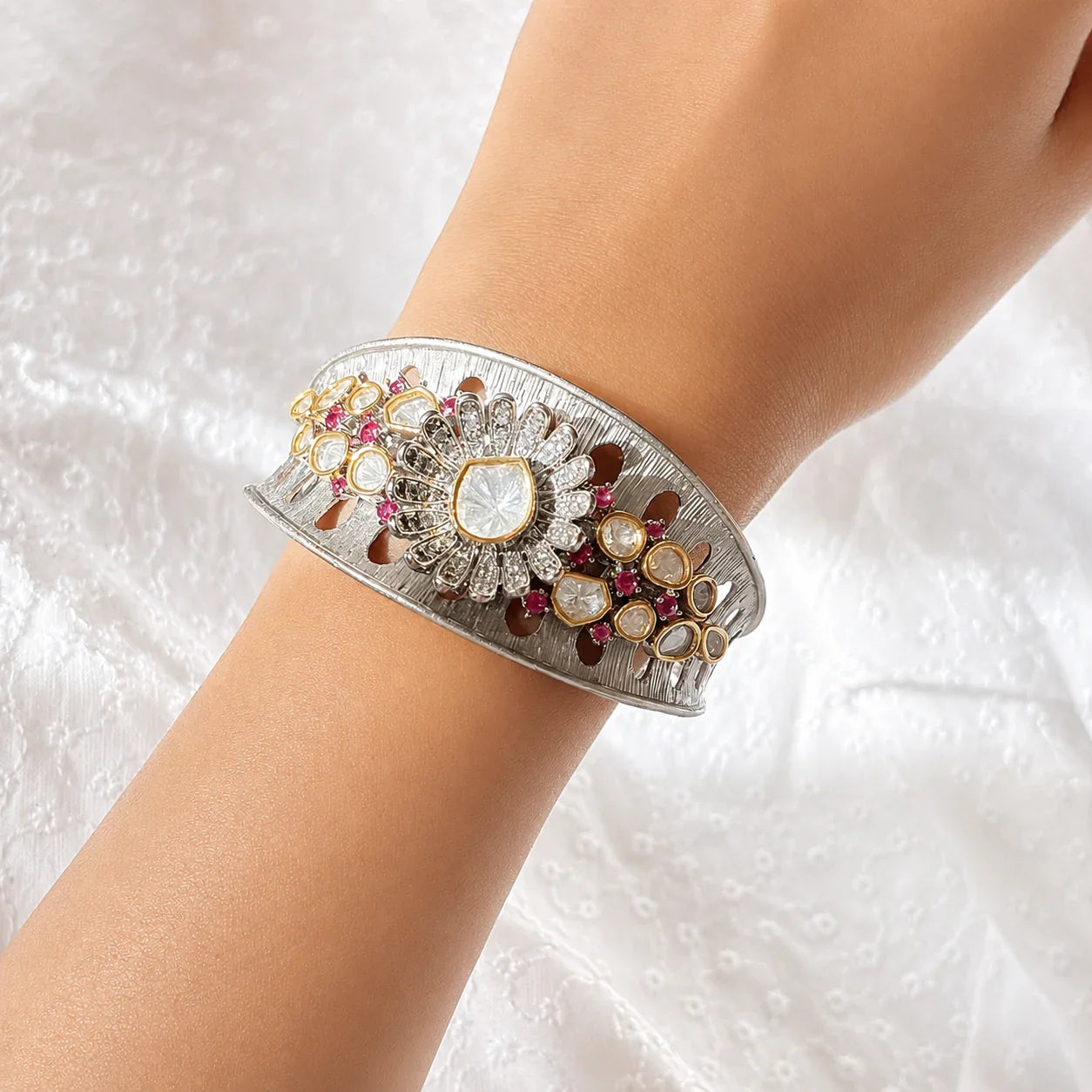 Silver Pink Kundan Cuff Bracelet - Jajra