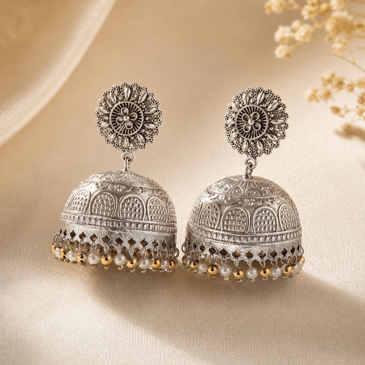 Silver-tone floral jhumki dome earrings with mixed pearl and gold bead tassels