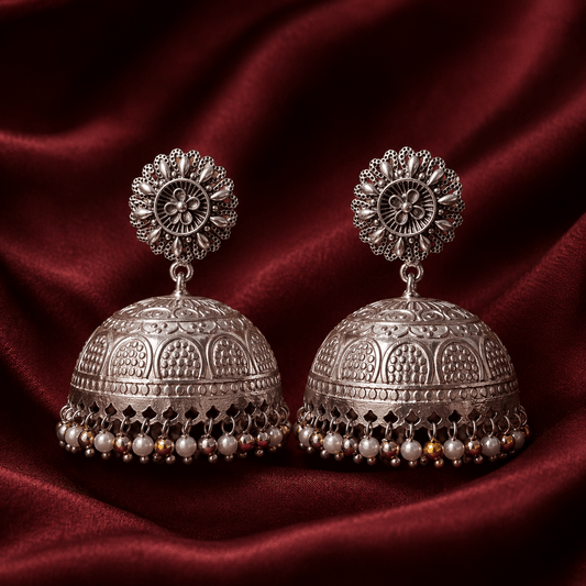 Silver-tone floral dome jhumki earrings with dangling pearl and bead fringe