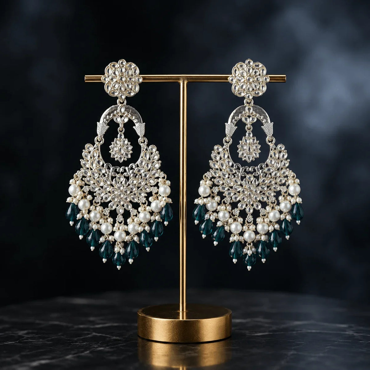 Silver-Toned Kundan Chandbali Earrings with Green Beads and Pearls - Jajra™
