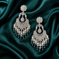 Silver-Toned Kundan Chandbali Earrings with Green Beads and Pearls - Jajra™