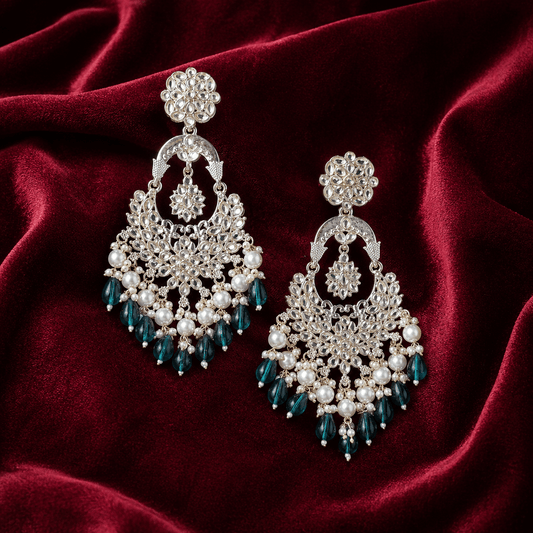 Silver-Toned Kundan Chandbali Earrings with Green Beads and Pearls - Jajra™
