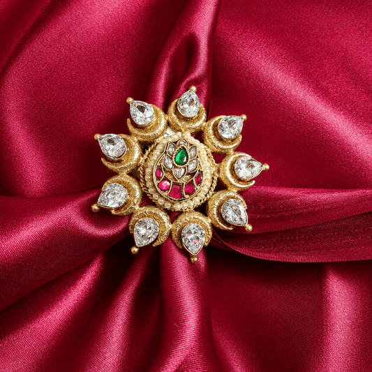 Traditional Kundan-Style Pearl Brass Adjustable Ring - Jajra™