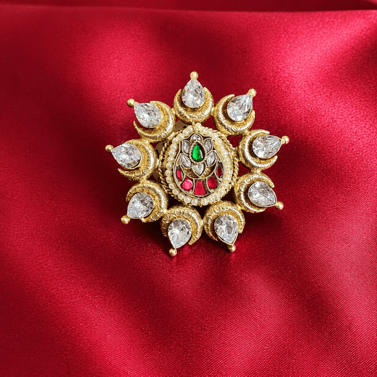 Traditional Kundan-Style Pearl Brass Adjustable Ring - Jajra™