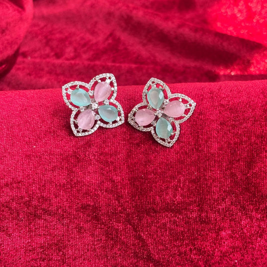 Vespera American Diamond Mint Pink Floral Earrings - Jajra