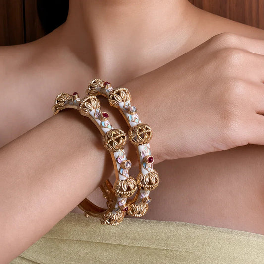 White Meenakari Kundan Bangle Pair - Jajra