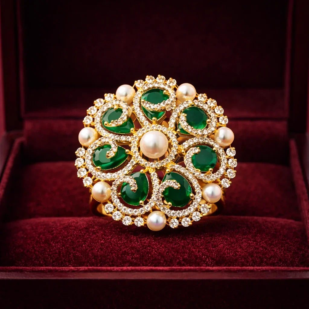 Zarmin American Diamond Floral Polki Gold Tone Ring - Jajra