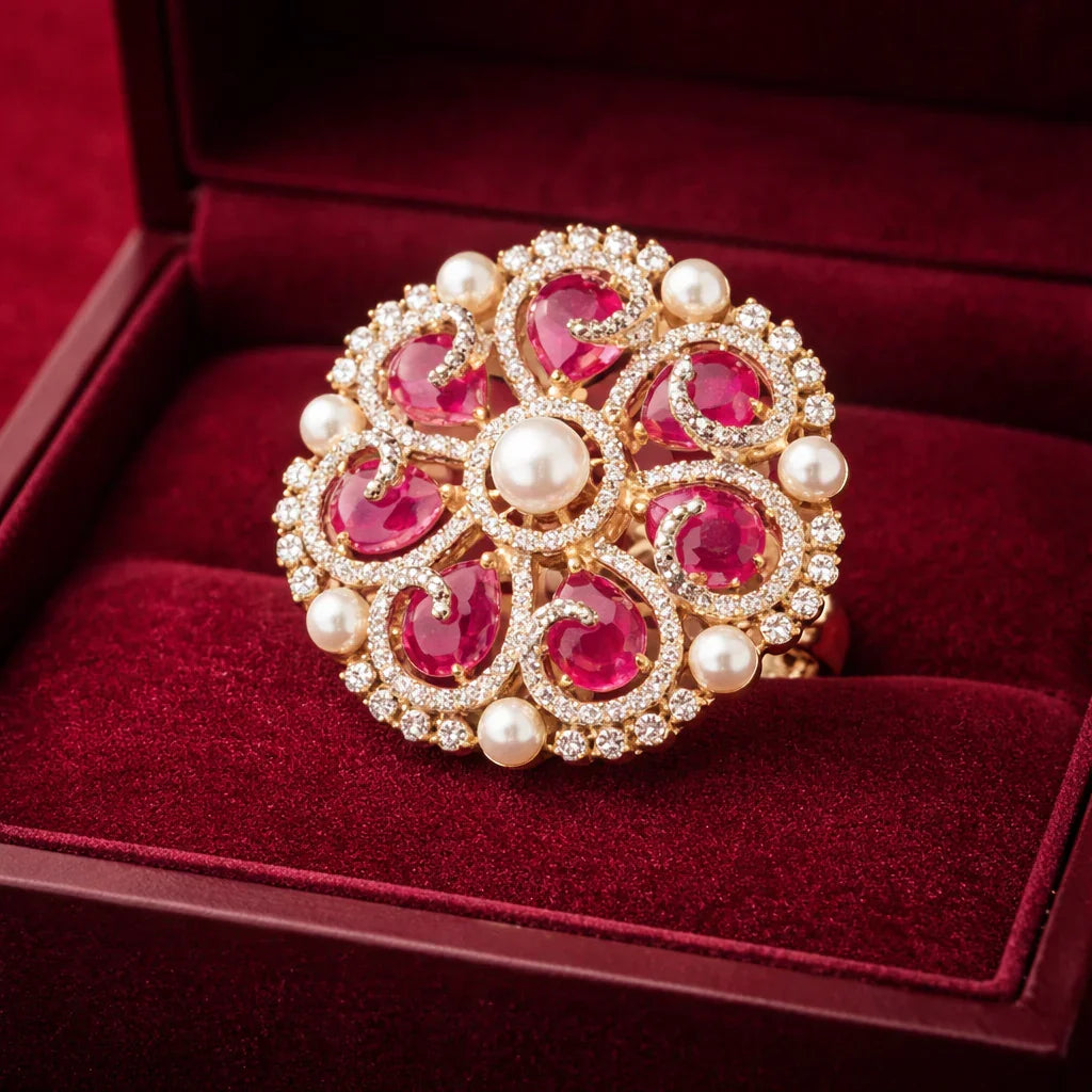 Zarmin American Diamond Floral Polki Gold Tone Ring - Jajra