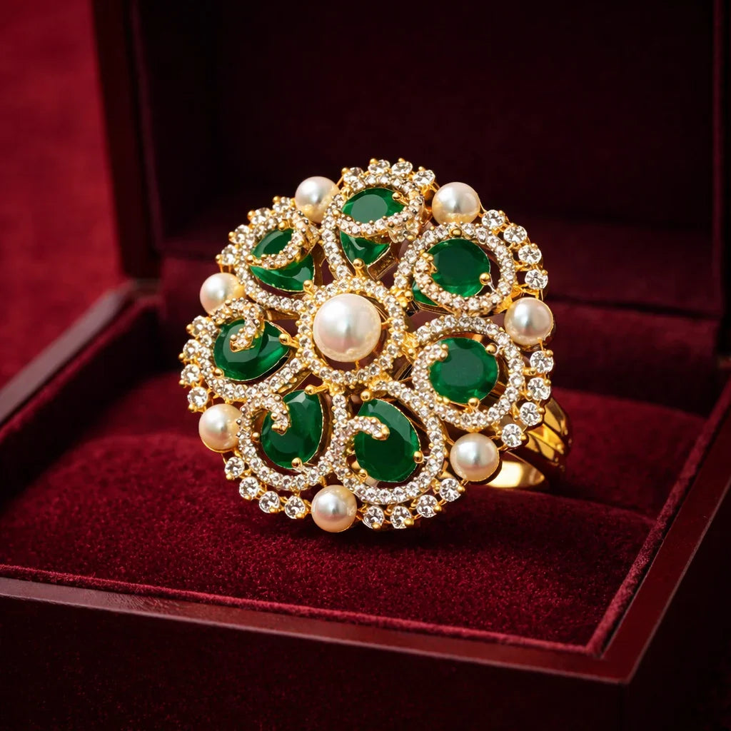 Zarmin American Diamond Floral Polki Gold Tone Ring - Jajra