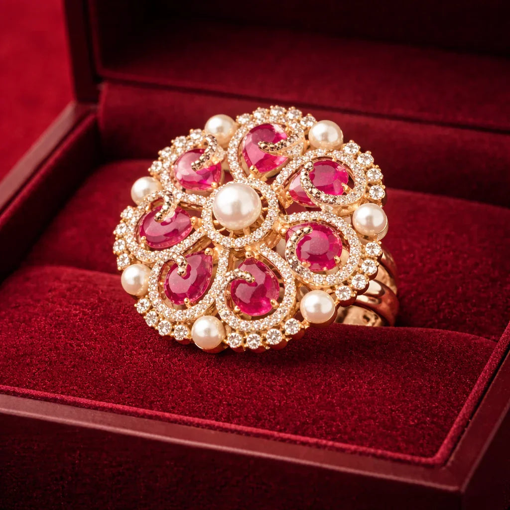 Zarmin American Diamond Floral Polki Gold Tone Ring - Jajra