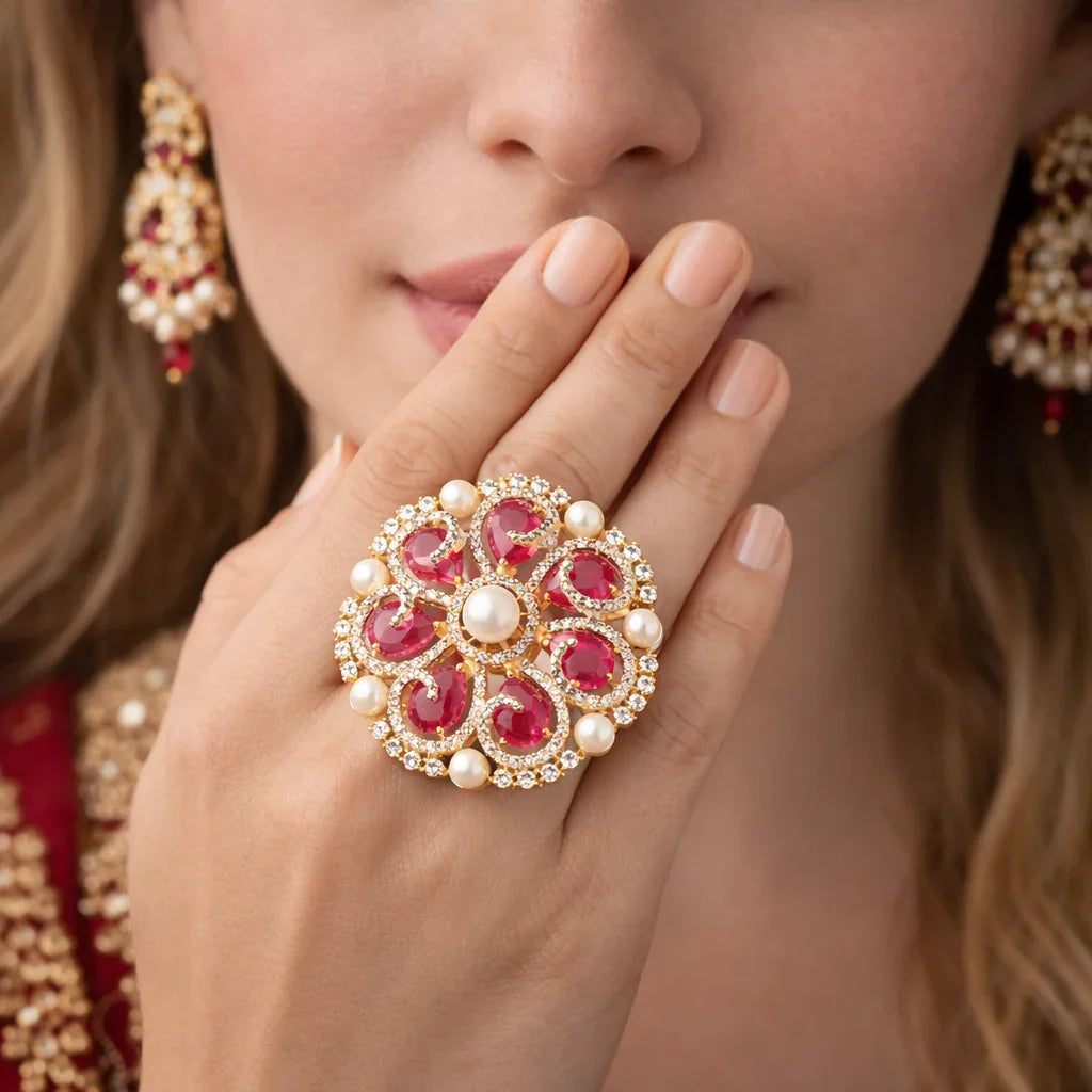 Zarmin American Diamond Floral Polki Gold Tone Ring - Jajra